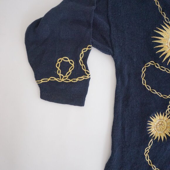 Vintage Maggie Lawrence Navy Gold Sun Chain Embroidered Knit Cardigan 22/24 - Picture 8 of 13